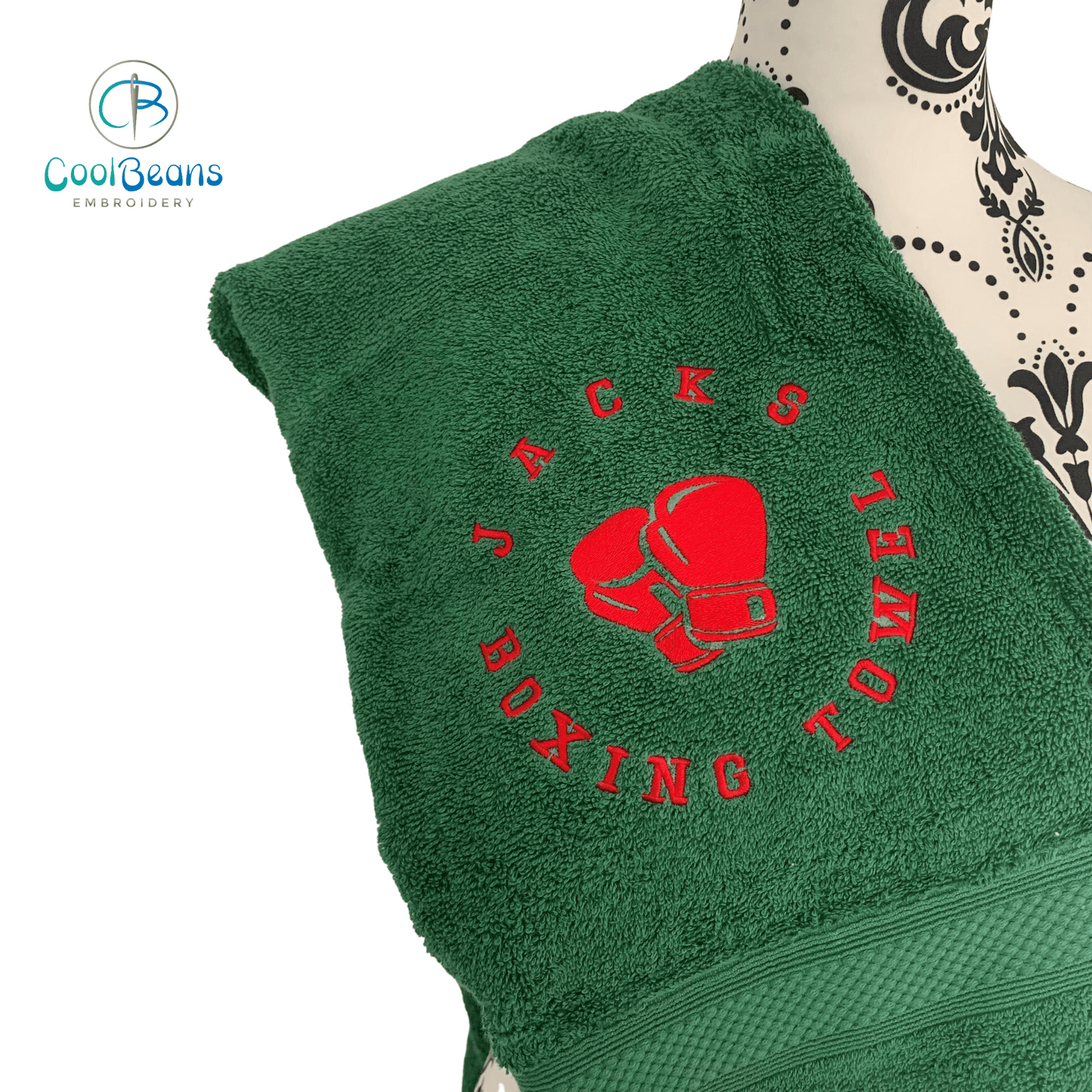 Boxing Embroidered Personalised Towel - Bottle Green