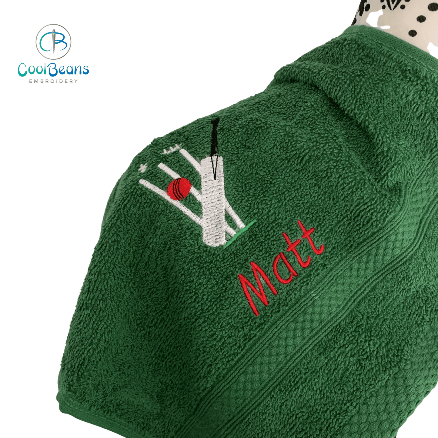 Cricket Embroidered personalised Face Cloth Towel - Green