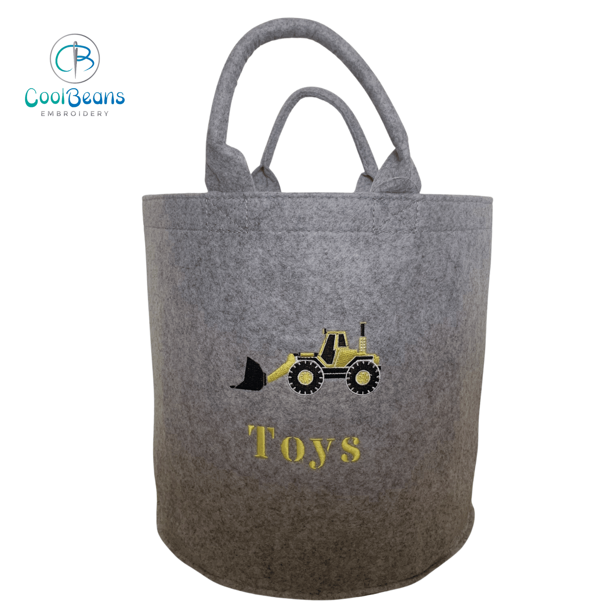Digger Embroidered Personalised Felt Toy Storage Trug - Grey