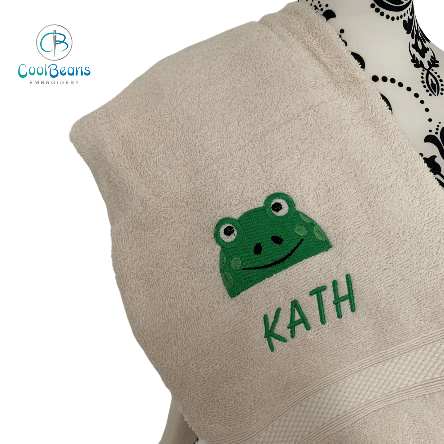 Frog Embroidered Personalised Towel - Cream