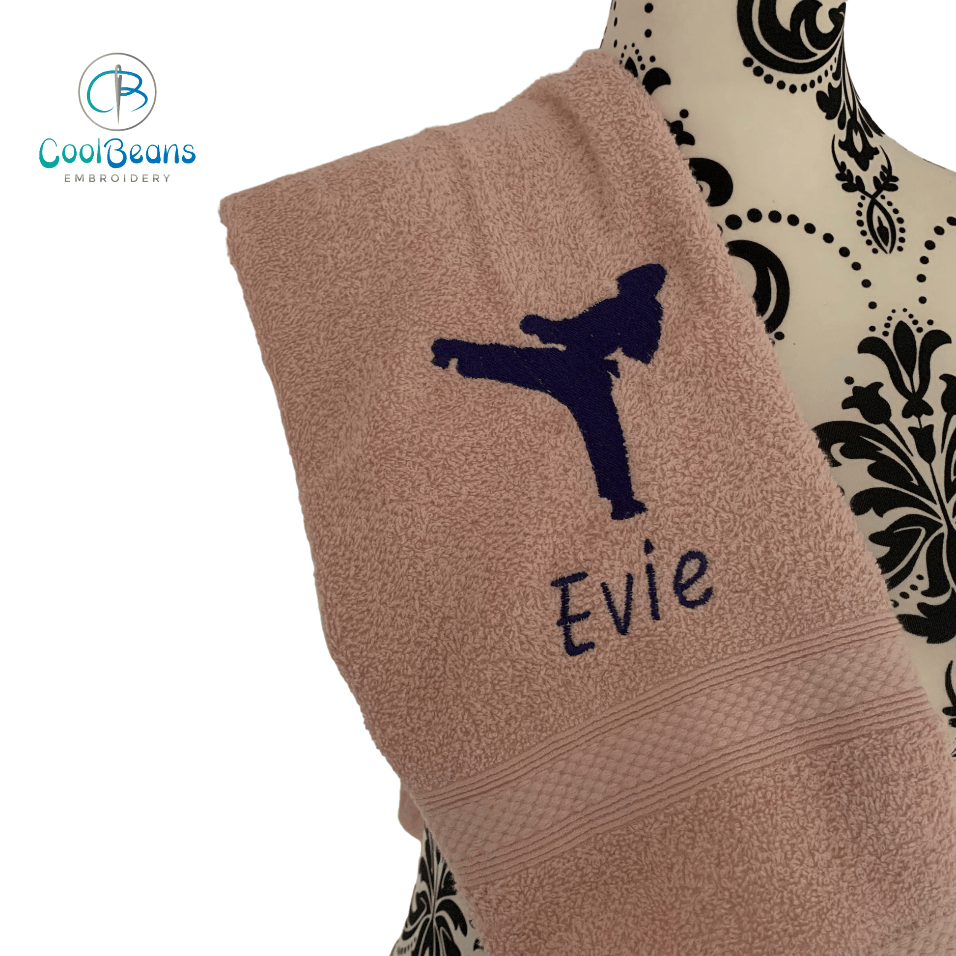 Karate Embroidered Personalised Towel - Dusky Pink