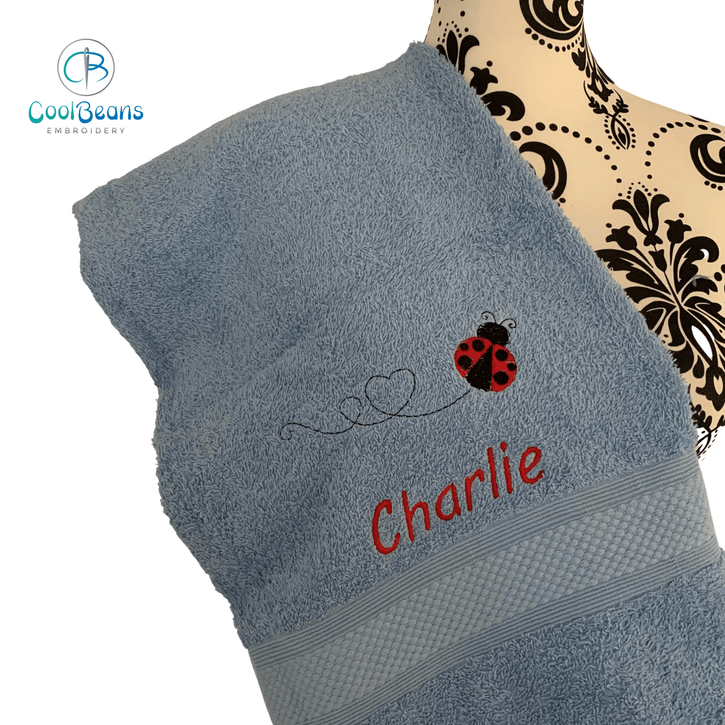 Ladybird Embroidered Personalised Towel - Cobalt Blue