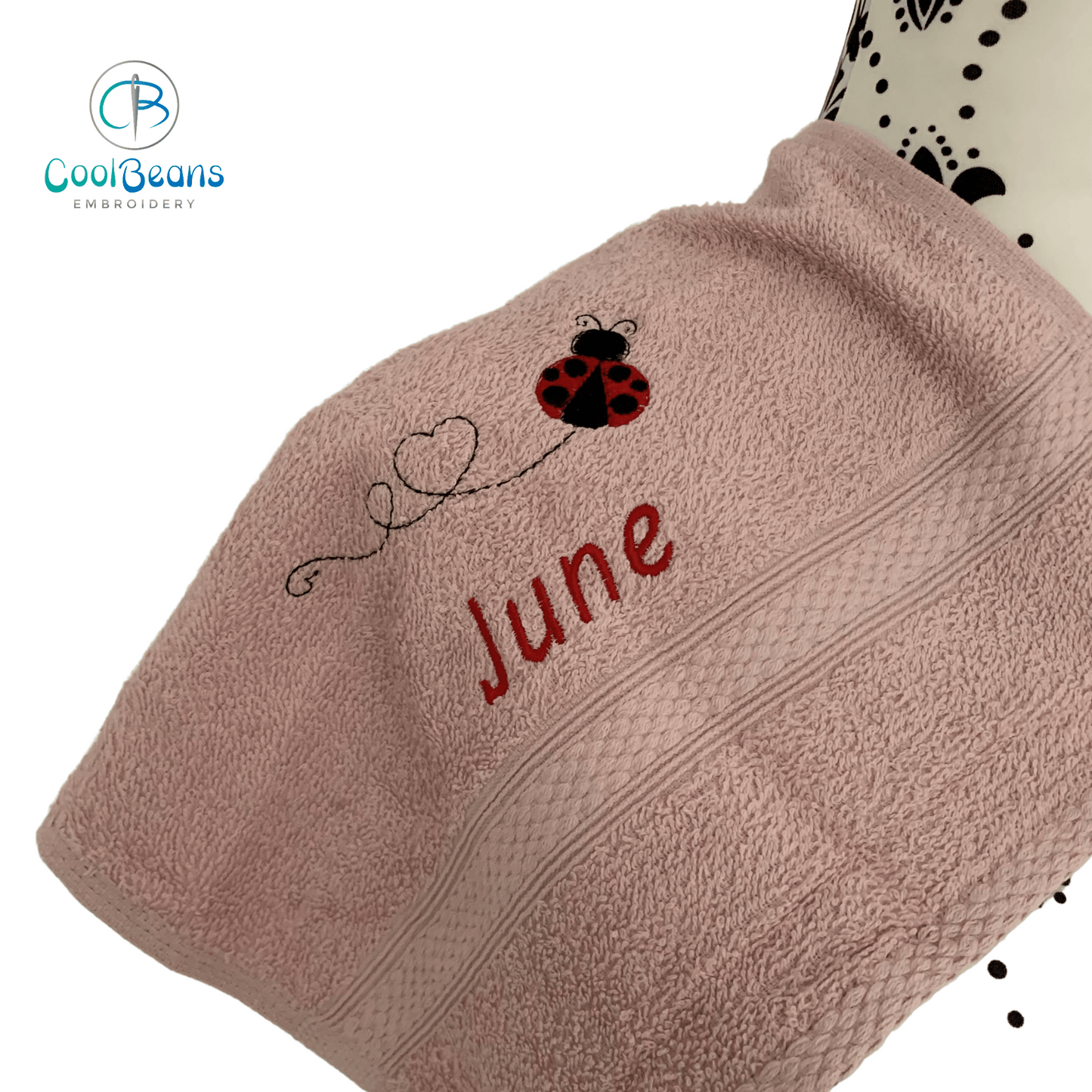 LadybirdEmbroideredPersonalisedTowel-DuskyPink