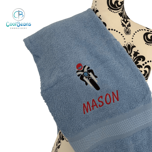 Motorbike Embroidered Personlised Towel - Cobalt Blue