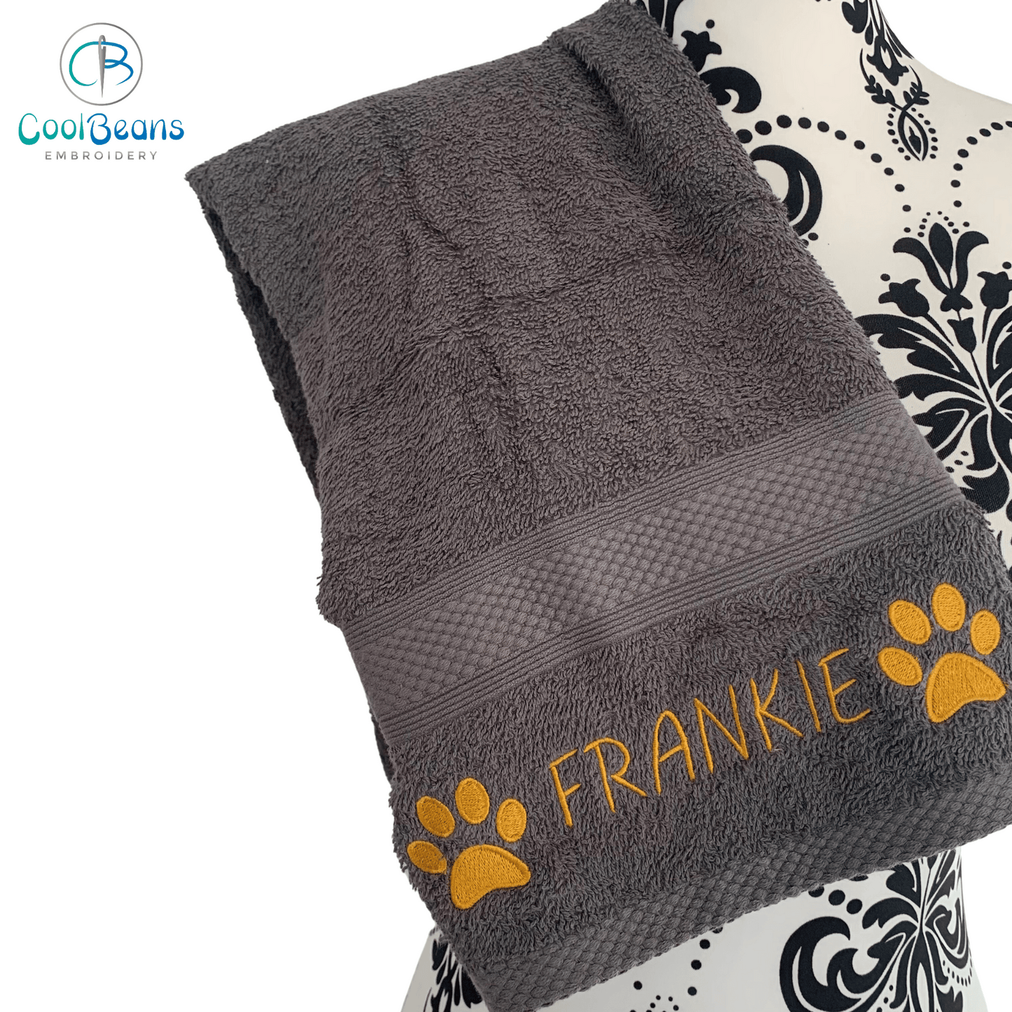 Paws By Side Embroidered Personalised Towel - Charcoal