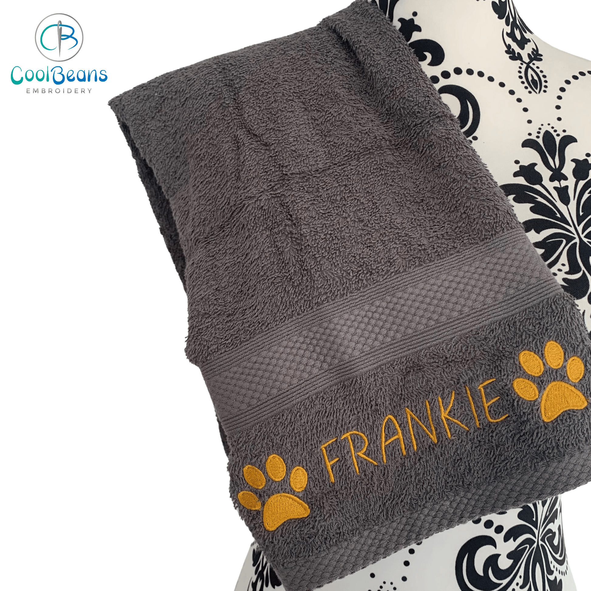 Paws By Side Embroidered Personalised Towel - Charcoal