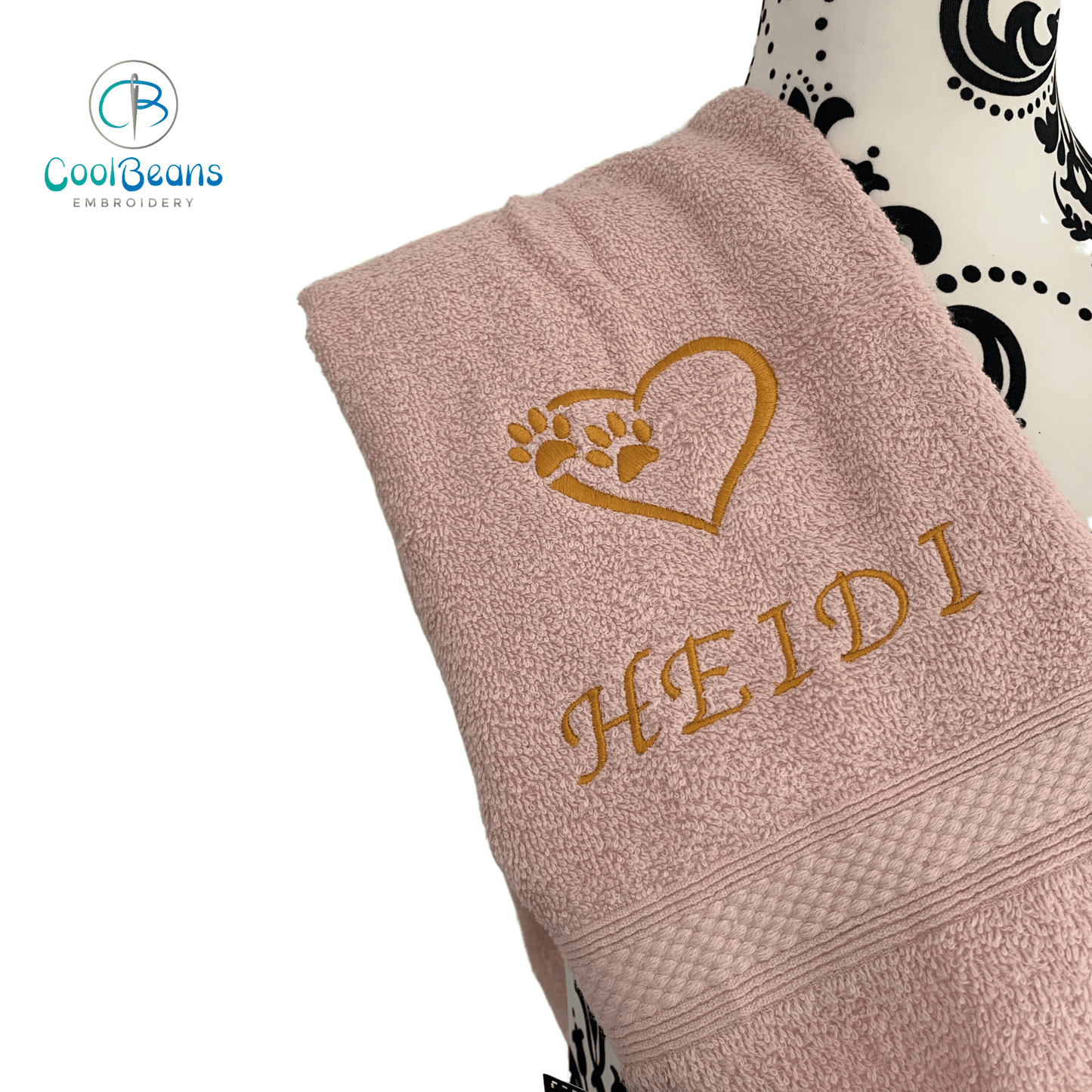 Paws in Heart Embroidered Personalised Towel - Dusky Pink