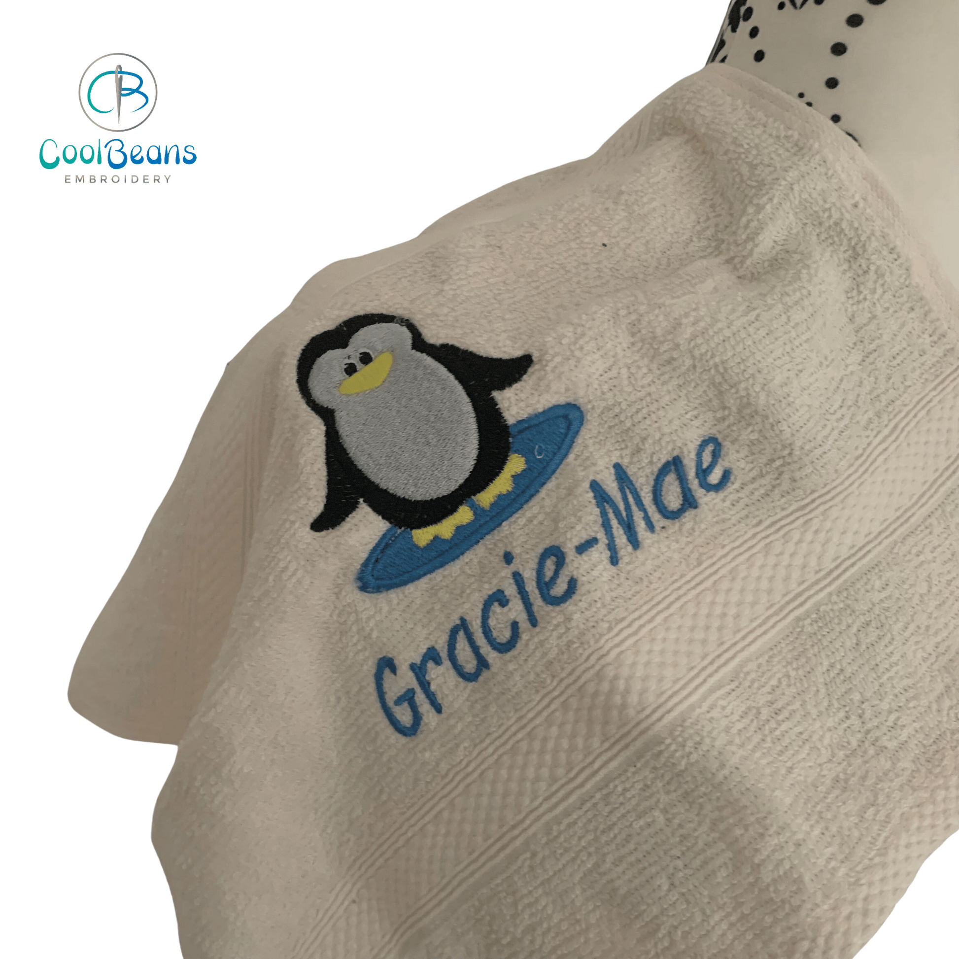 Penguin Embroidered Personalised Towel - Cream