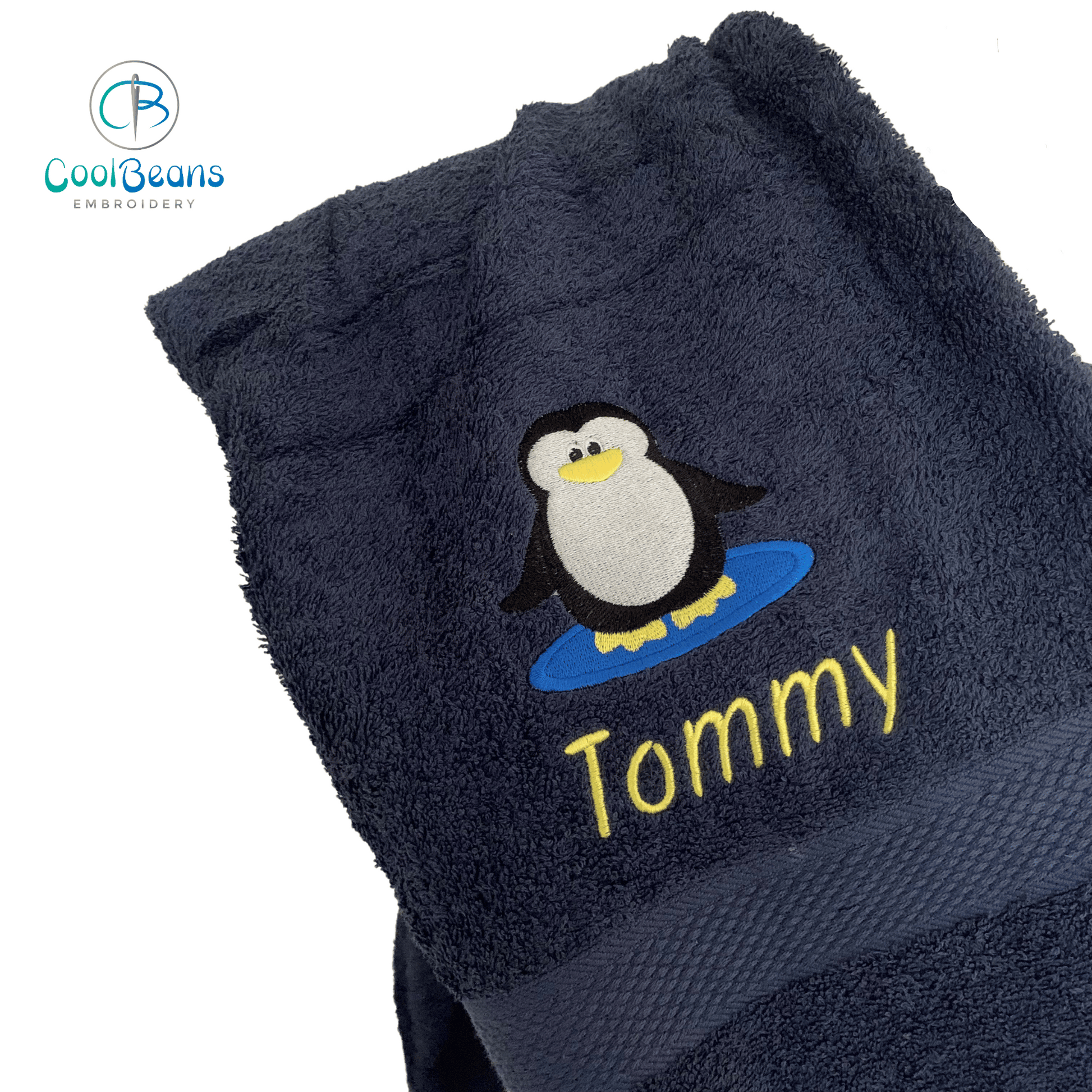 Penguin Puddle Embroidered Personalised Towel - Navy