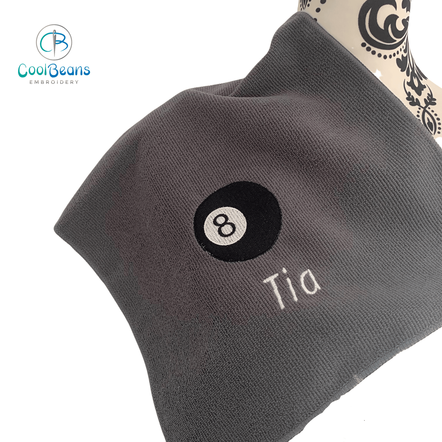 Pool 8 Ball Embroidered Personalised Microfibre Towel - Grey
