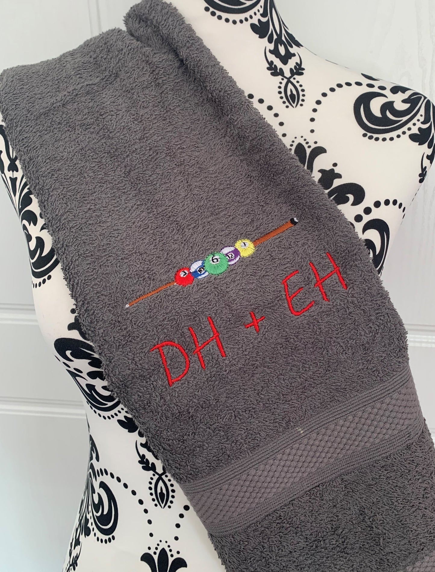 Pool - Balls & Cue Towels -Personalised - Charcoal Grey