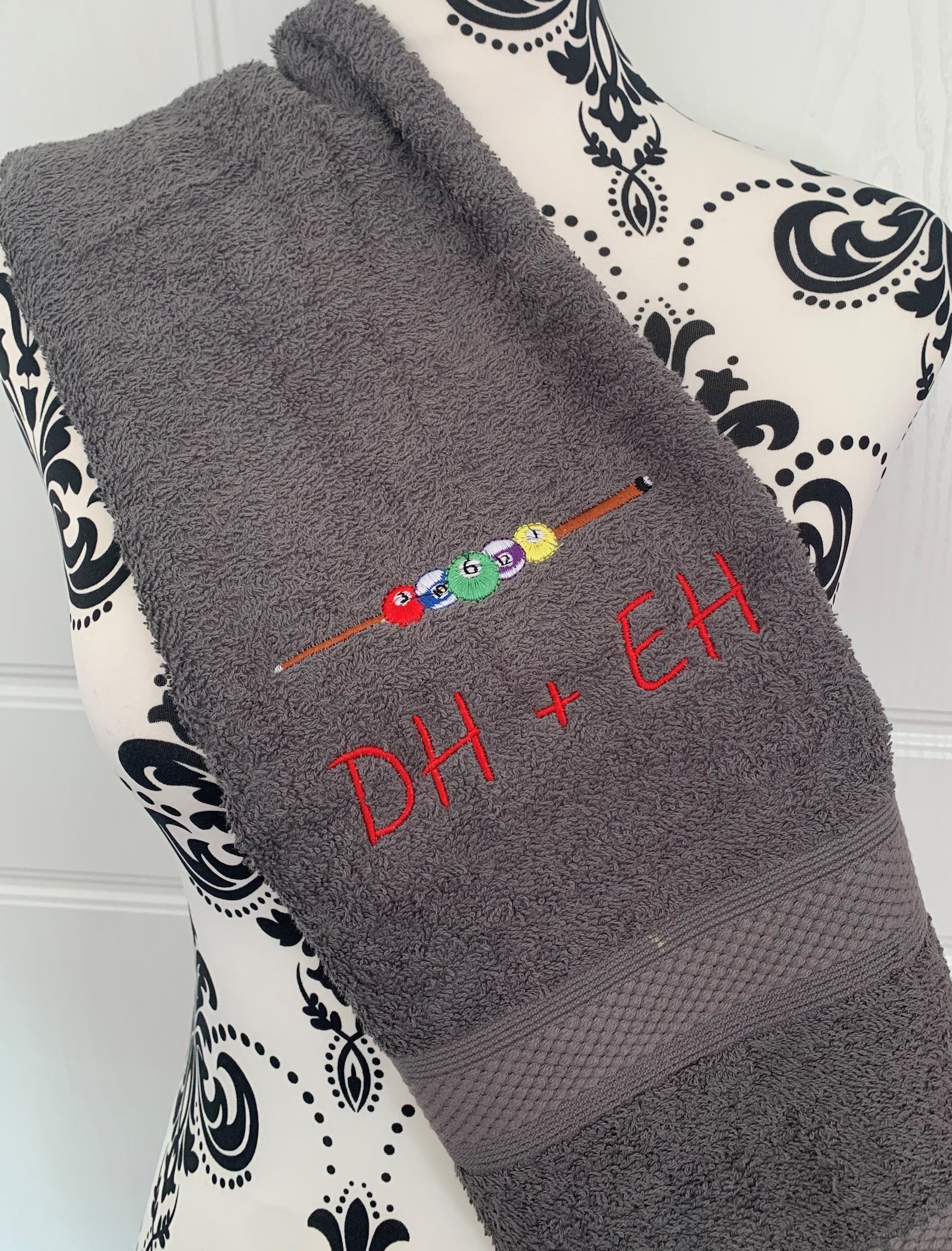 Pool - Balls & Cue Towels -Personalised - Charcoal Grey