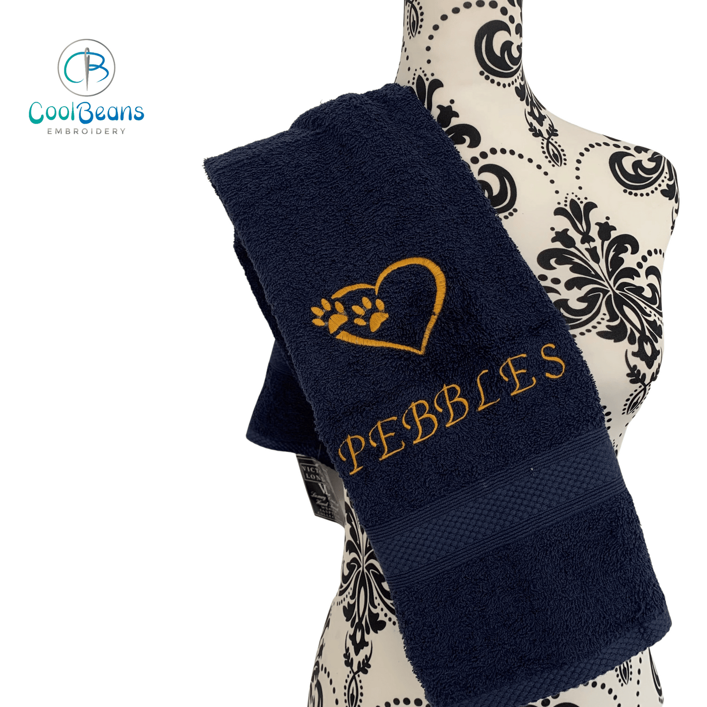 Dog Towels - Paws in Heart - Personalised - Navy