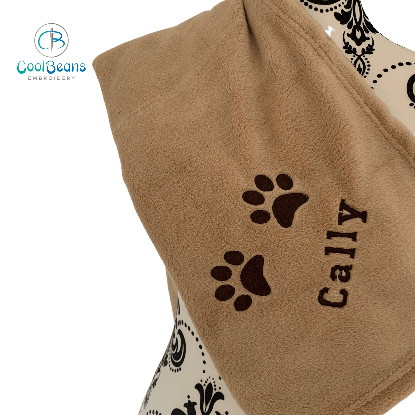 Two Paws In Corner Embroidered Personalised Pet Blanket - Camel