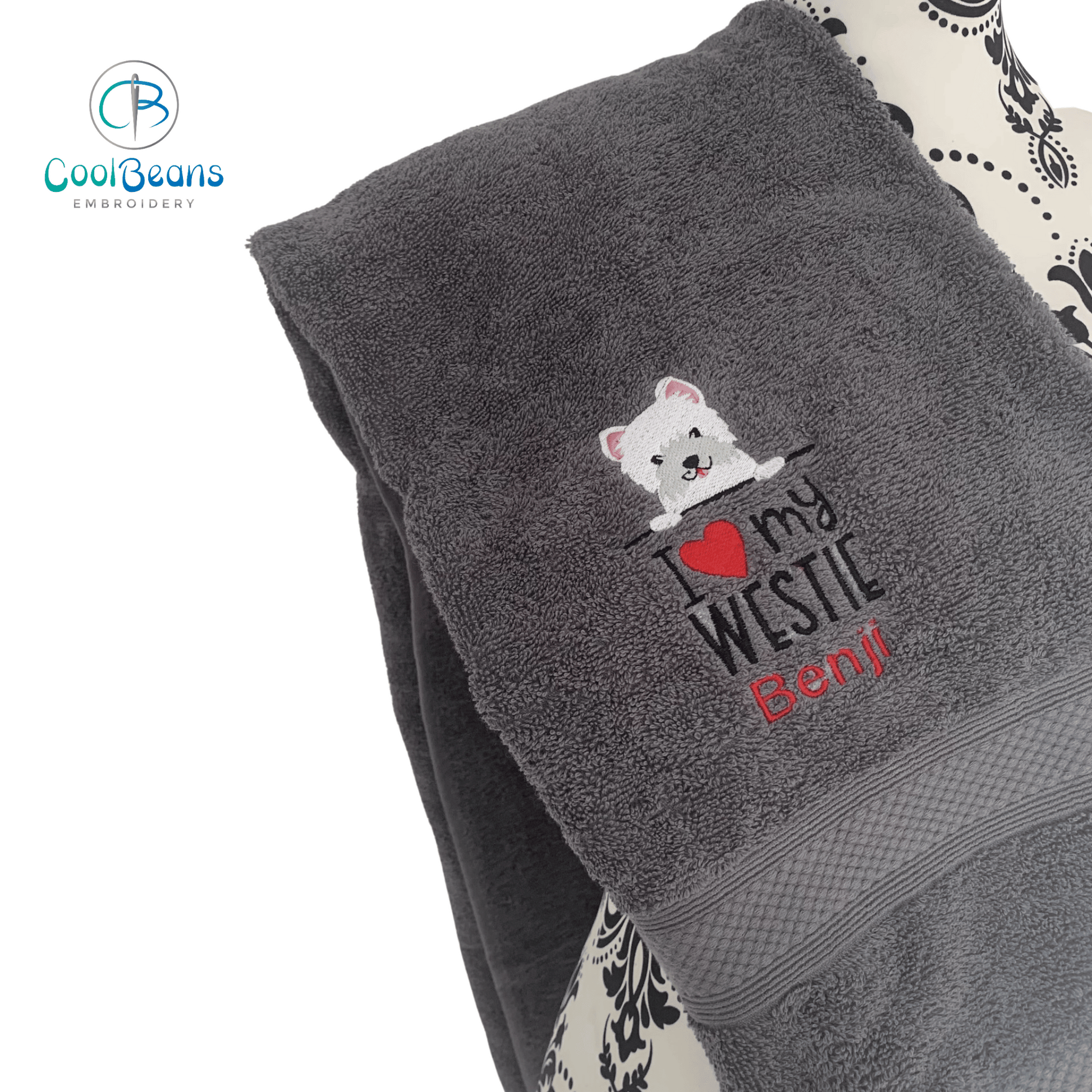 Westie Embroidered Personalised Towel - Charcoal Grey