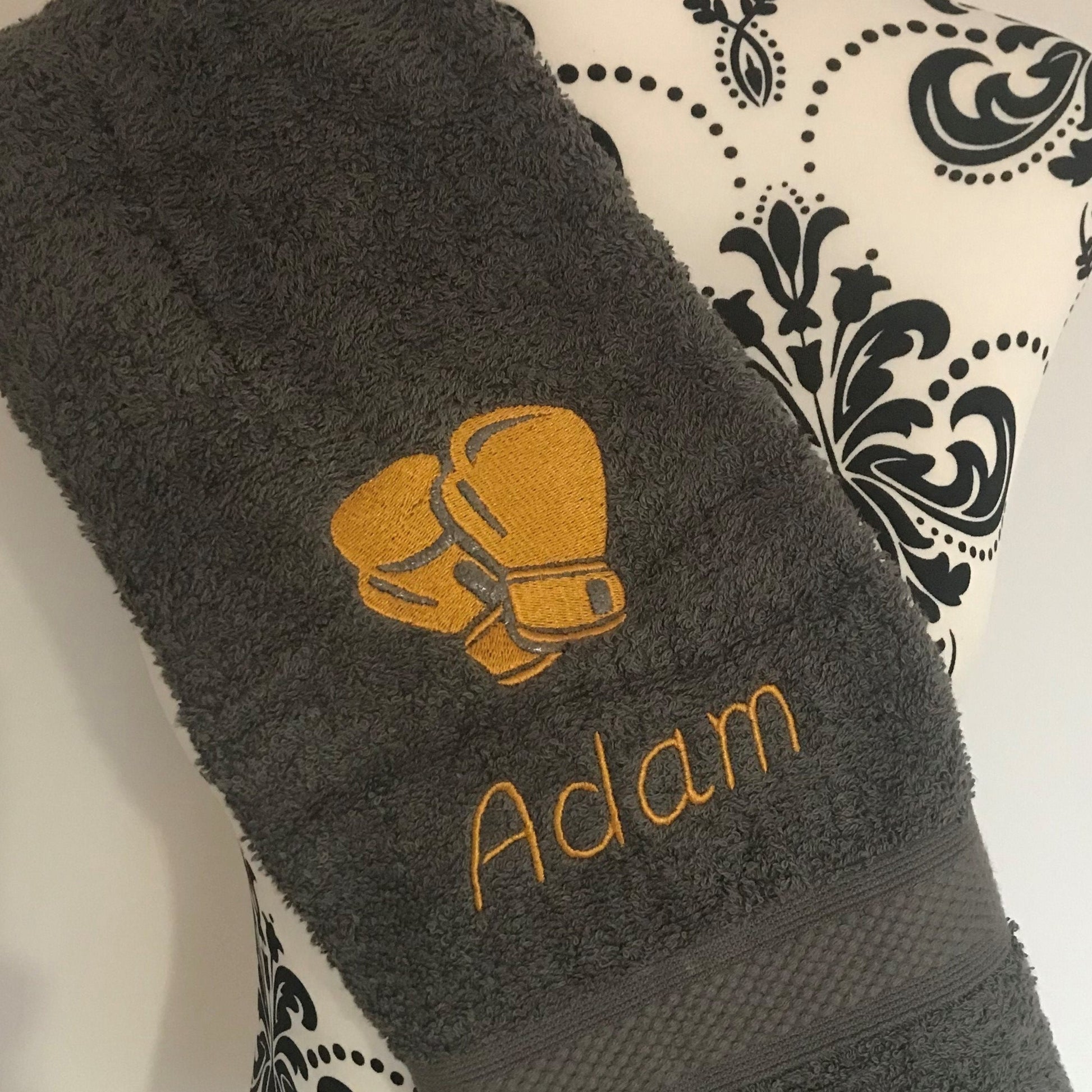 Boxing Gloves Embroidered Personalised Towel - Charcoal