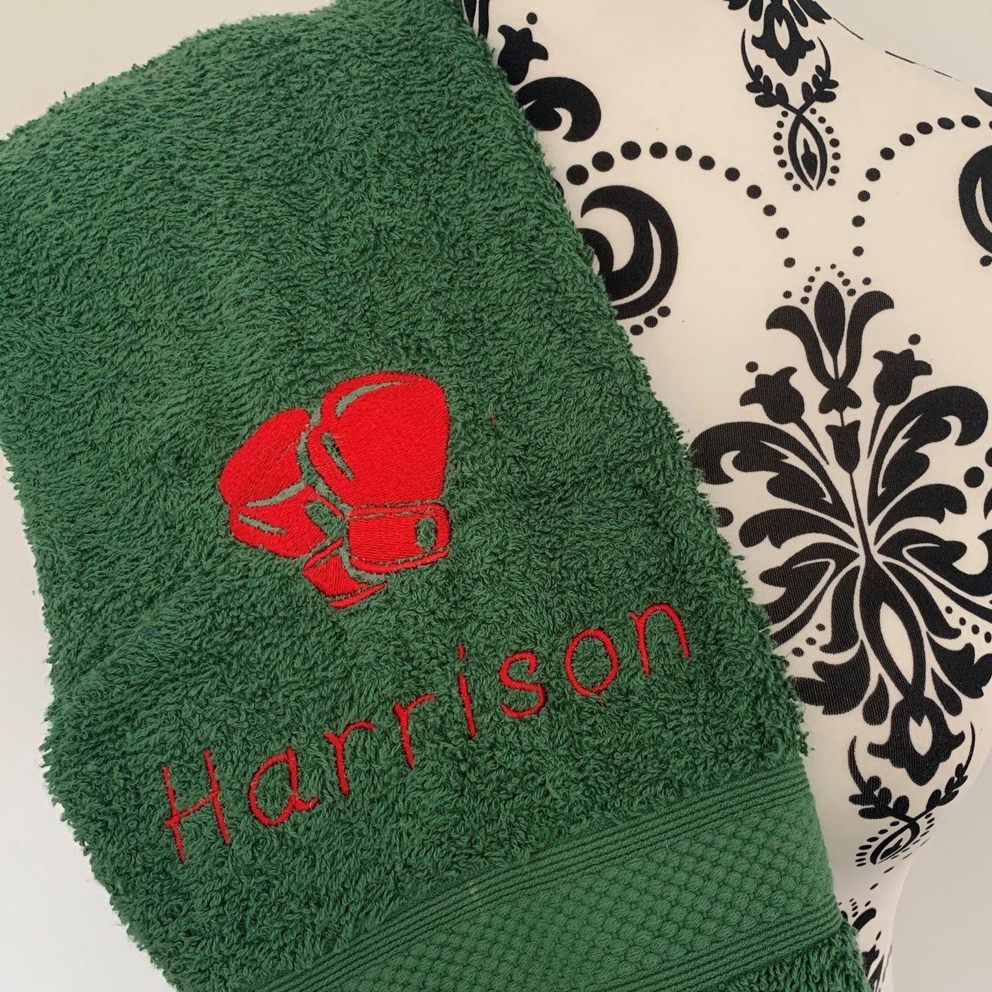 Boxing Gloves Embroidered Personalised Towel - Bottle Green