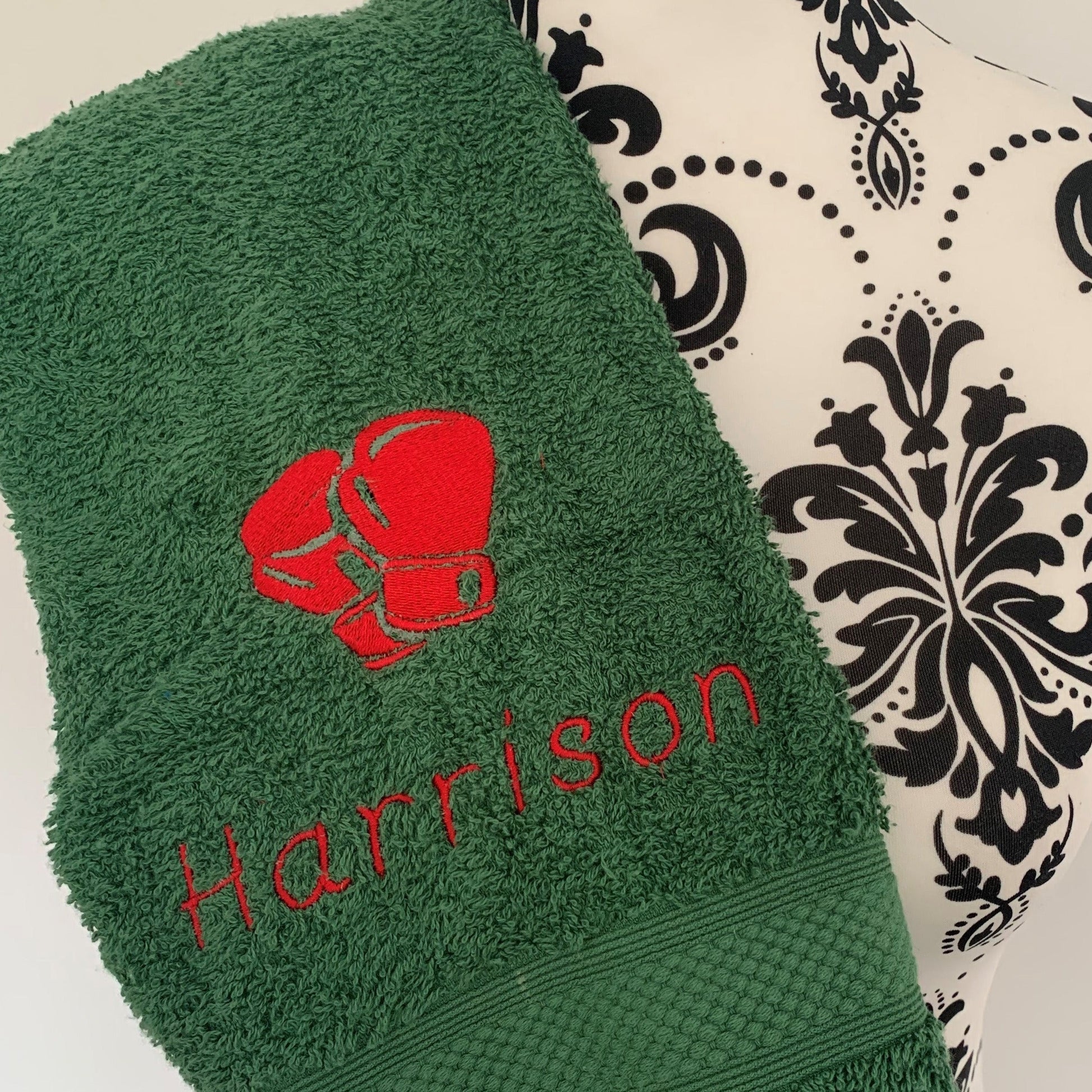 Boxing Gloves Embroidered Personalised Towel - Bottle Green