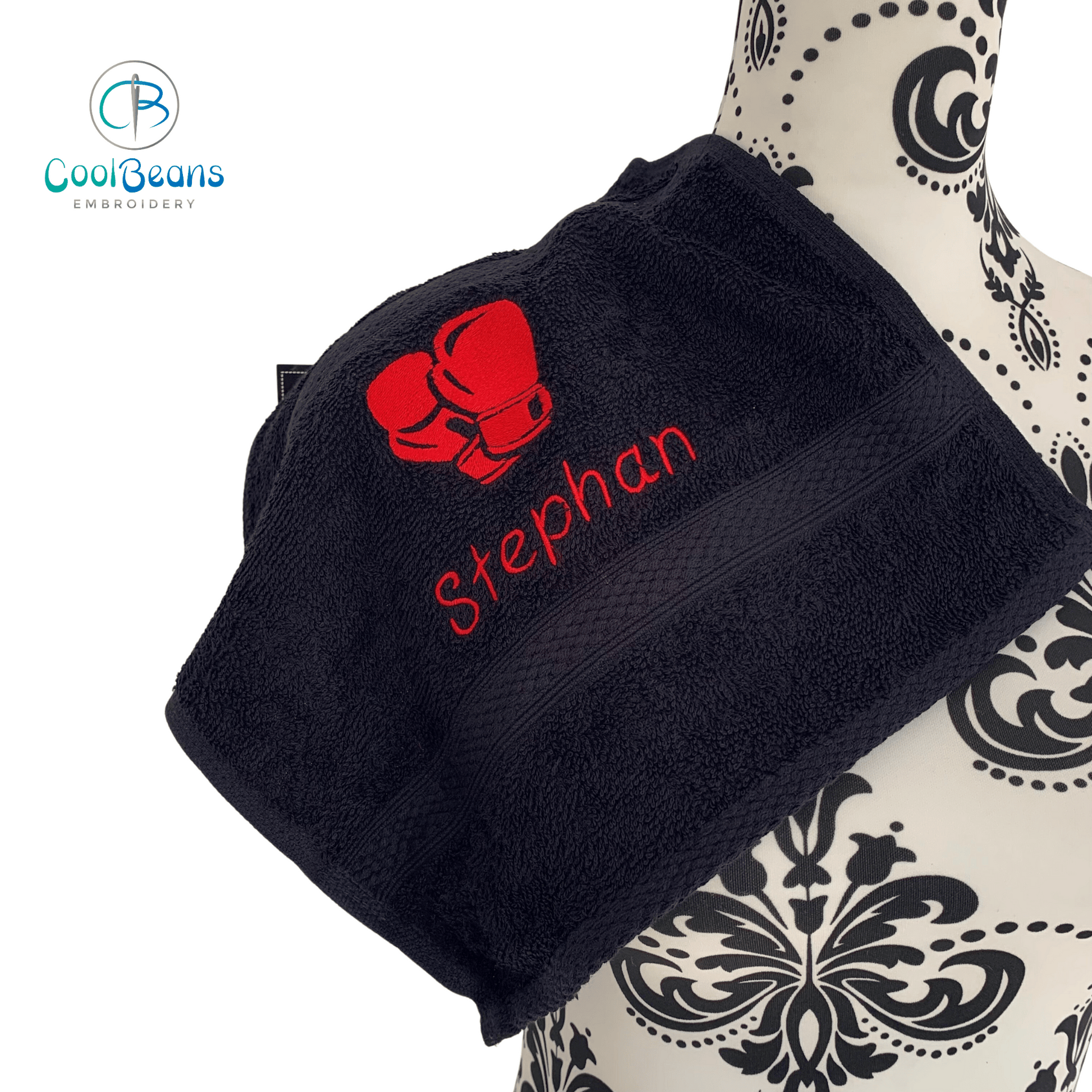 Boxing Gloves Embroidered Personalised Face Cloth - Black