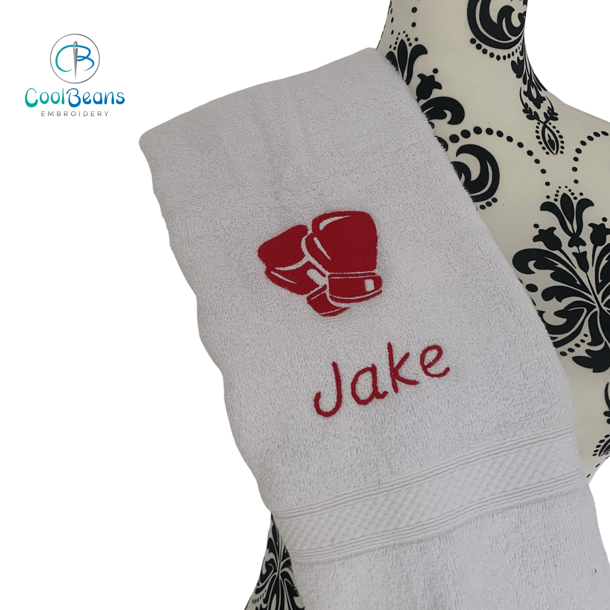 Boxing Gloves Embroidered Personalised Towel - White