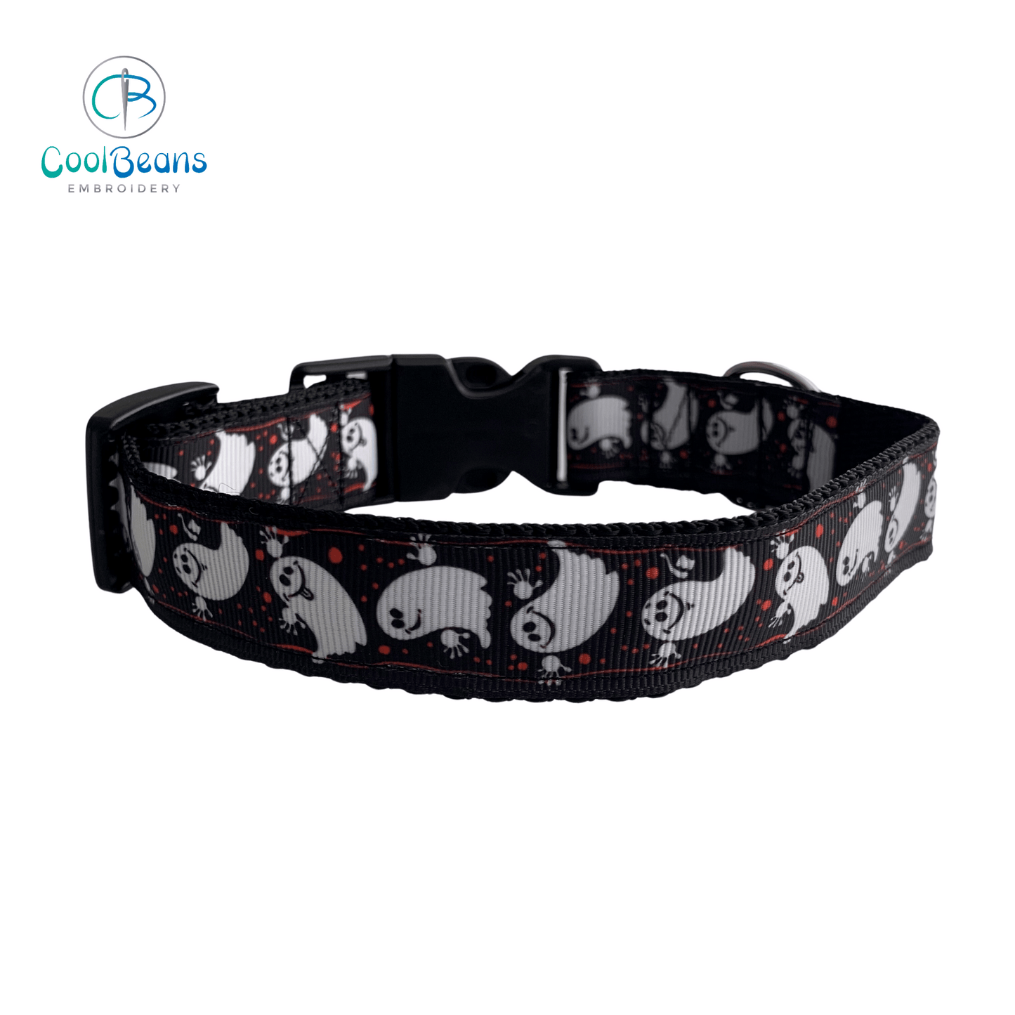 Dog Collar - Halloween Ghost - Handcrafted - Personalised - 25mm - Cool Beans Embroidery & Personalisation