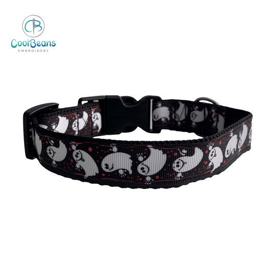 Dog Collar - Halloween Ghost - Handcrafted - Personalised - 25mm - Cool Beans Embroidery & Personalisation