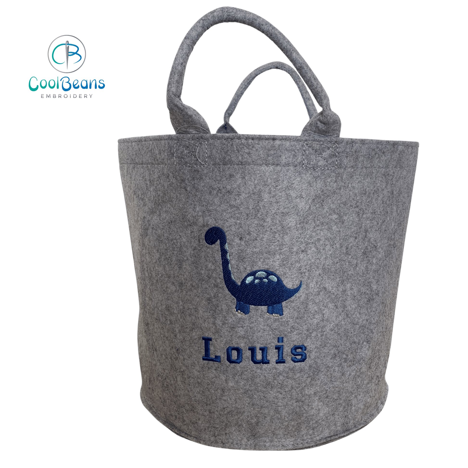 Dinosaur (Blue) Felt Trug - Toy Storage Tub - Personalised - Cool Beans Embroidery & Personalisation
