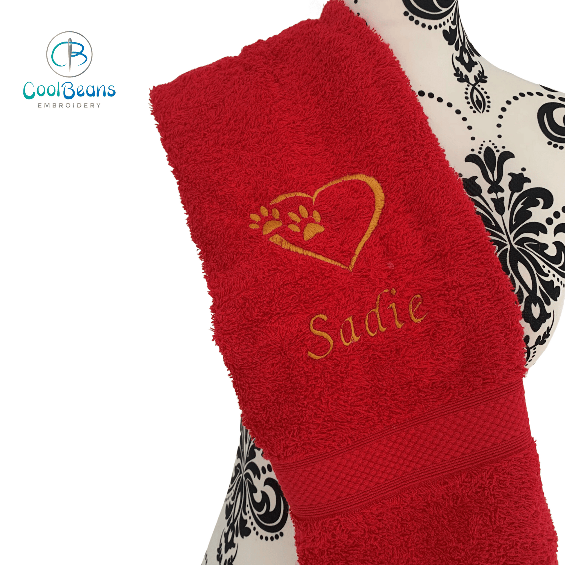Dog Towels - Paws in Heart - Personalised - Red