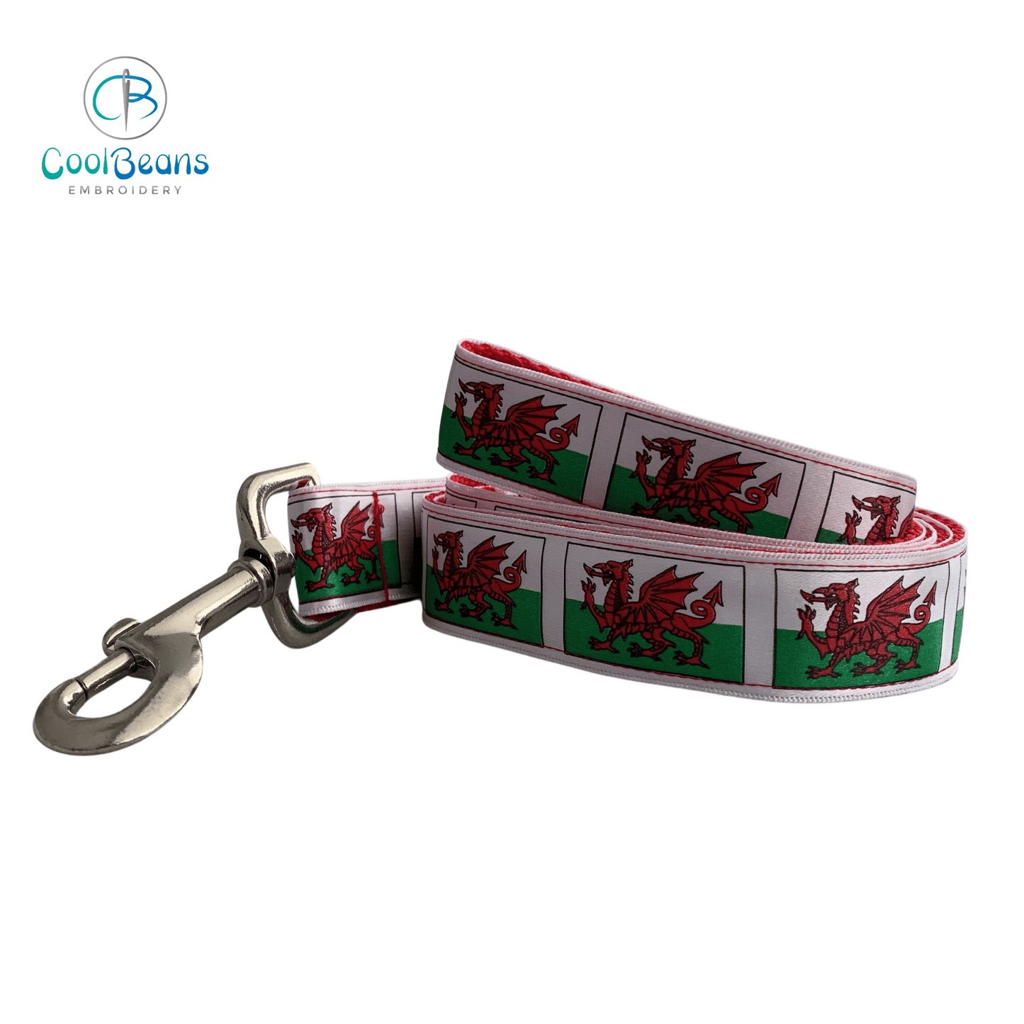 Dog Lead - Wales Flag - Handcrafted - Personalised - 25mm / 120cm Length - Cool Beans Embroidery & Personalisation