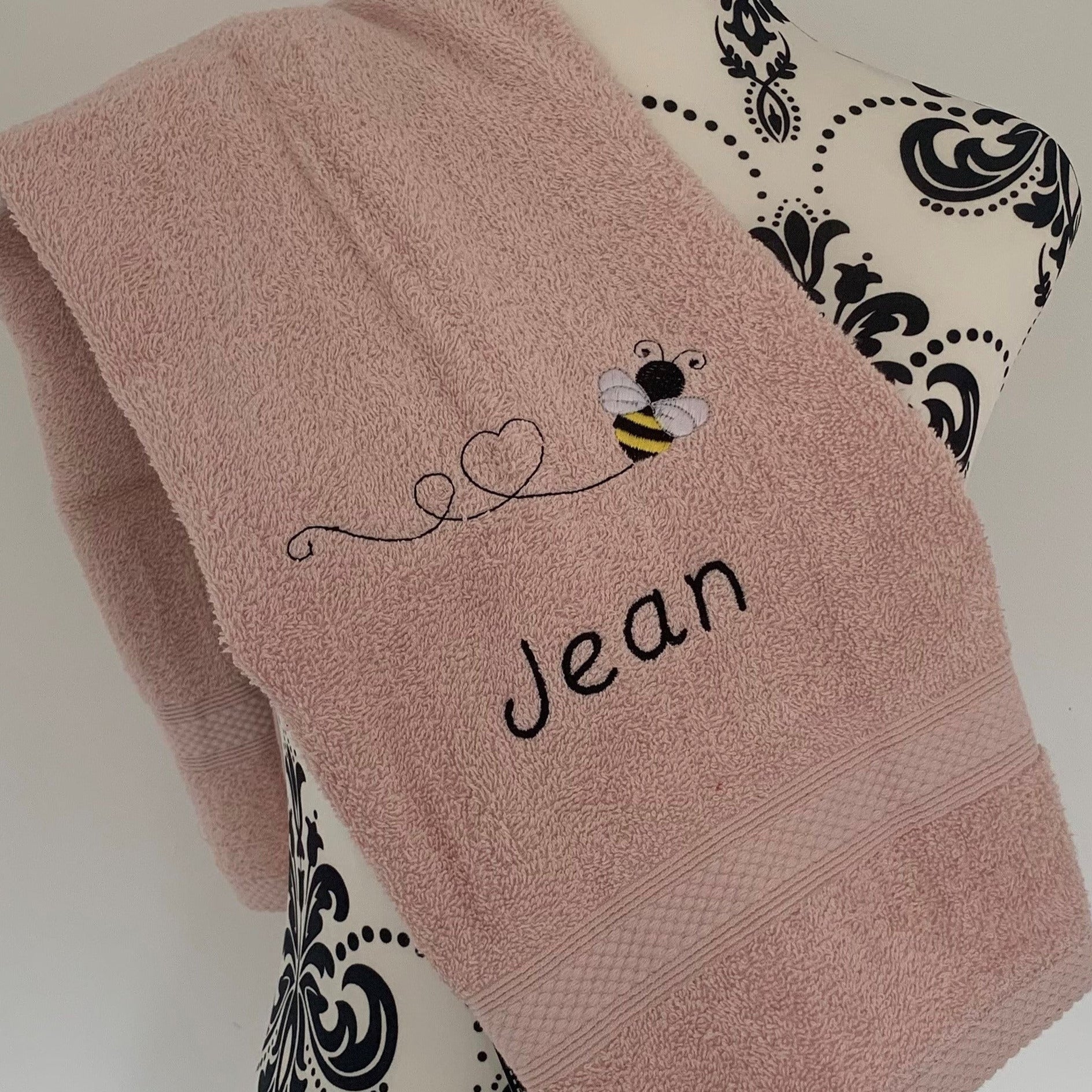 Bee Embroidered Personalised Towel - Dusky Pink