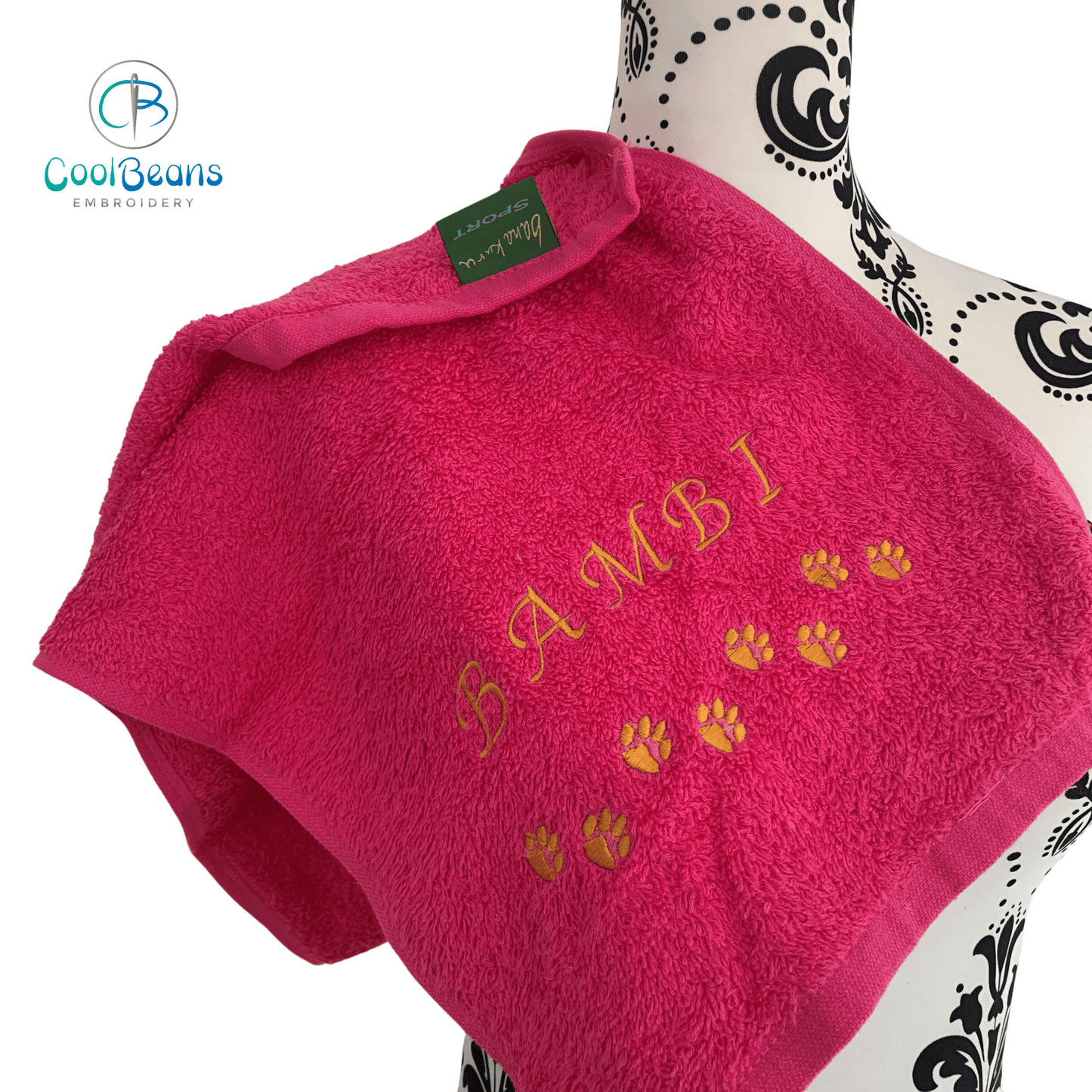 Bana Kuru Paws Embroidered Personalised Gym Towel - Hot Pink