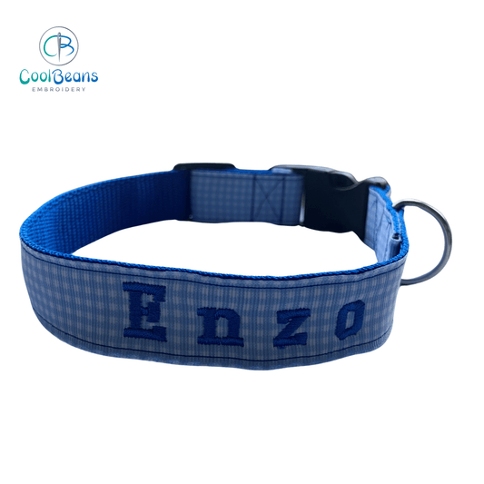 Dog Collar - Blue Gingham - Handcrafted - Personalised - 25mm