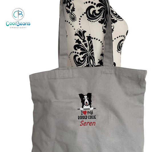 Border Collie Embroidered Personalised Tote Bag - Silver Grey