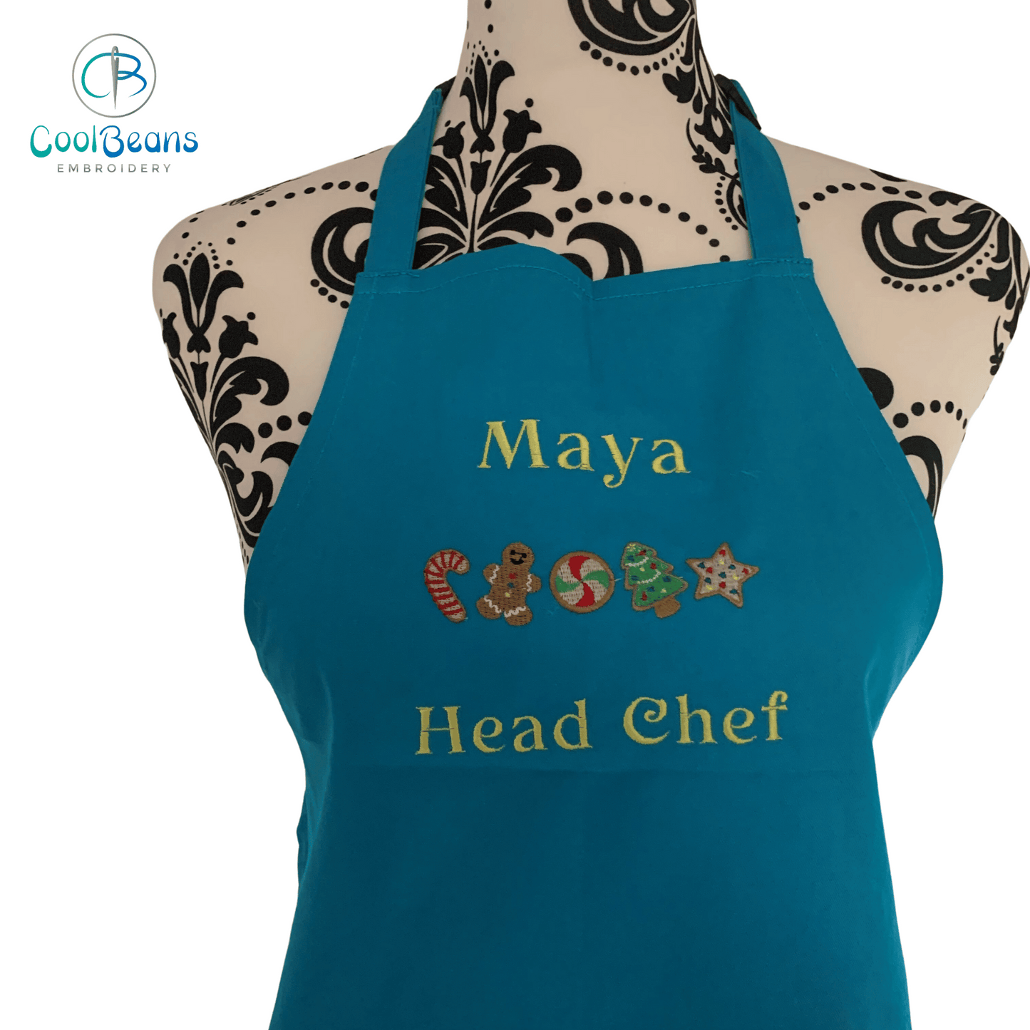 Christmas Cookies Embroidered Persoanlised Apron - Turquoise