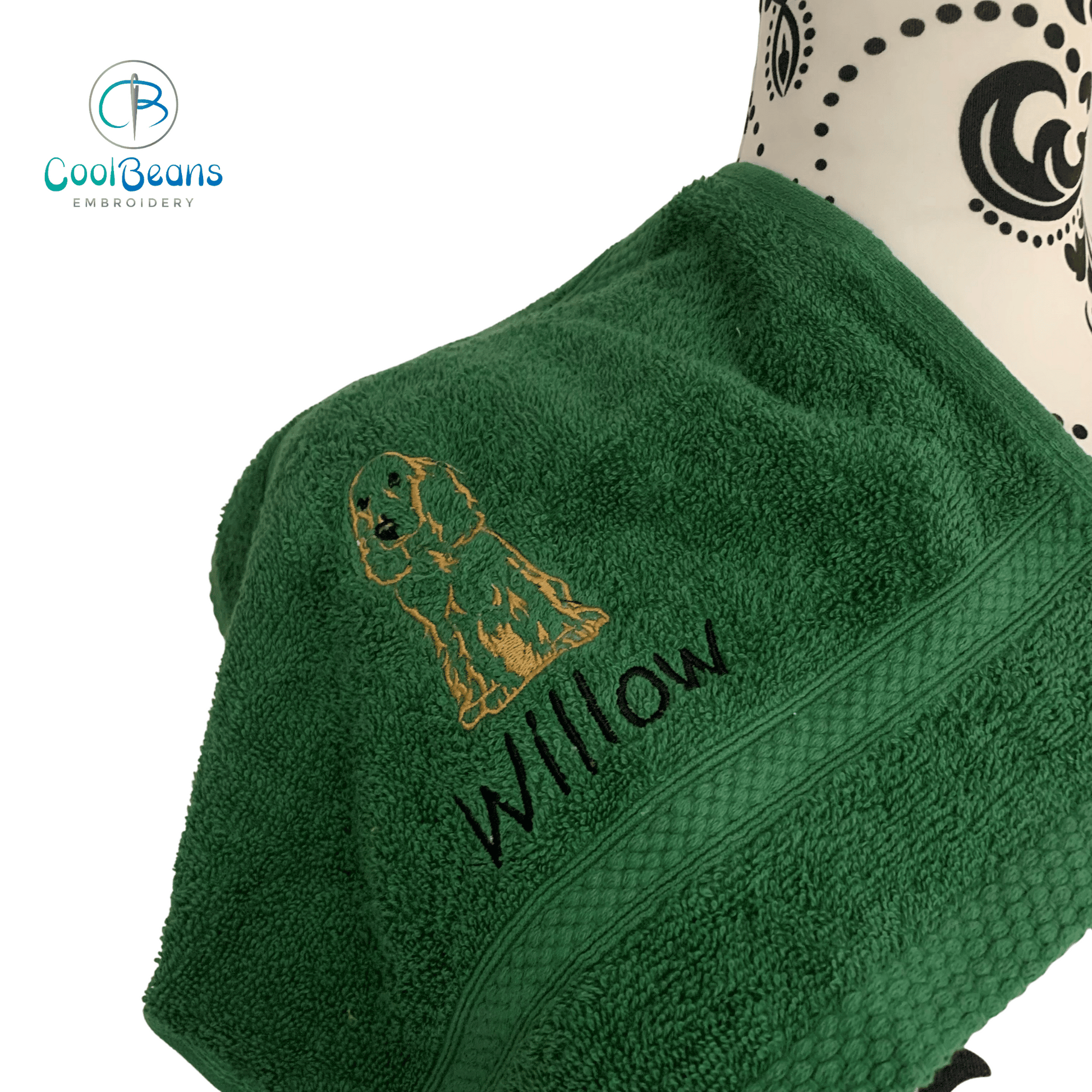 Cocker Spaniel Embroidered Personalised Towel - Bottle Green