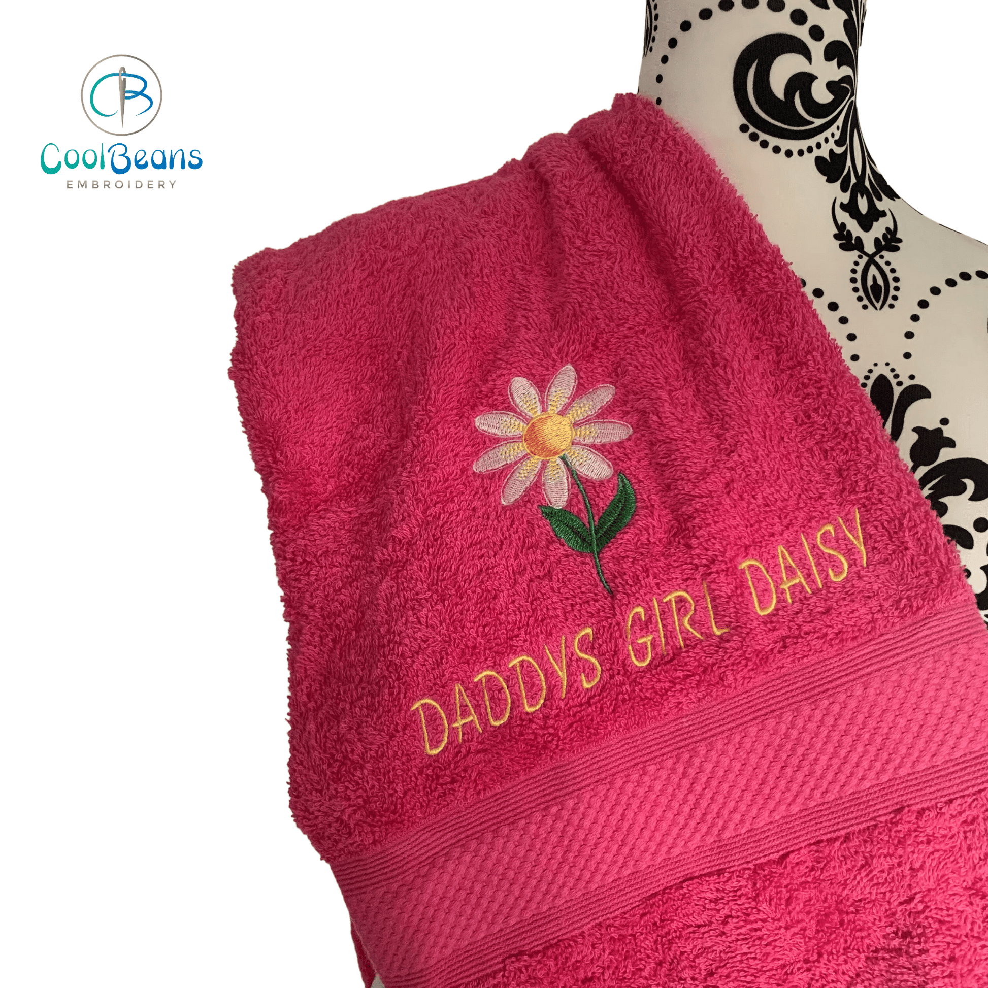 Daisy Embroidered Personalised Towel - Hot Pink