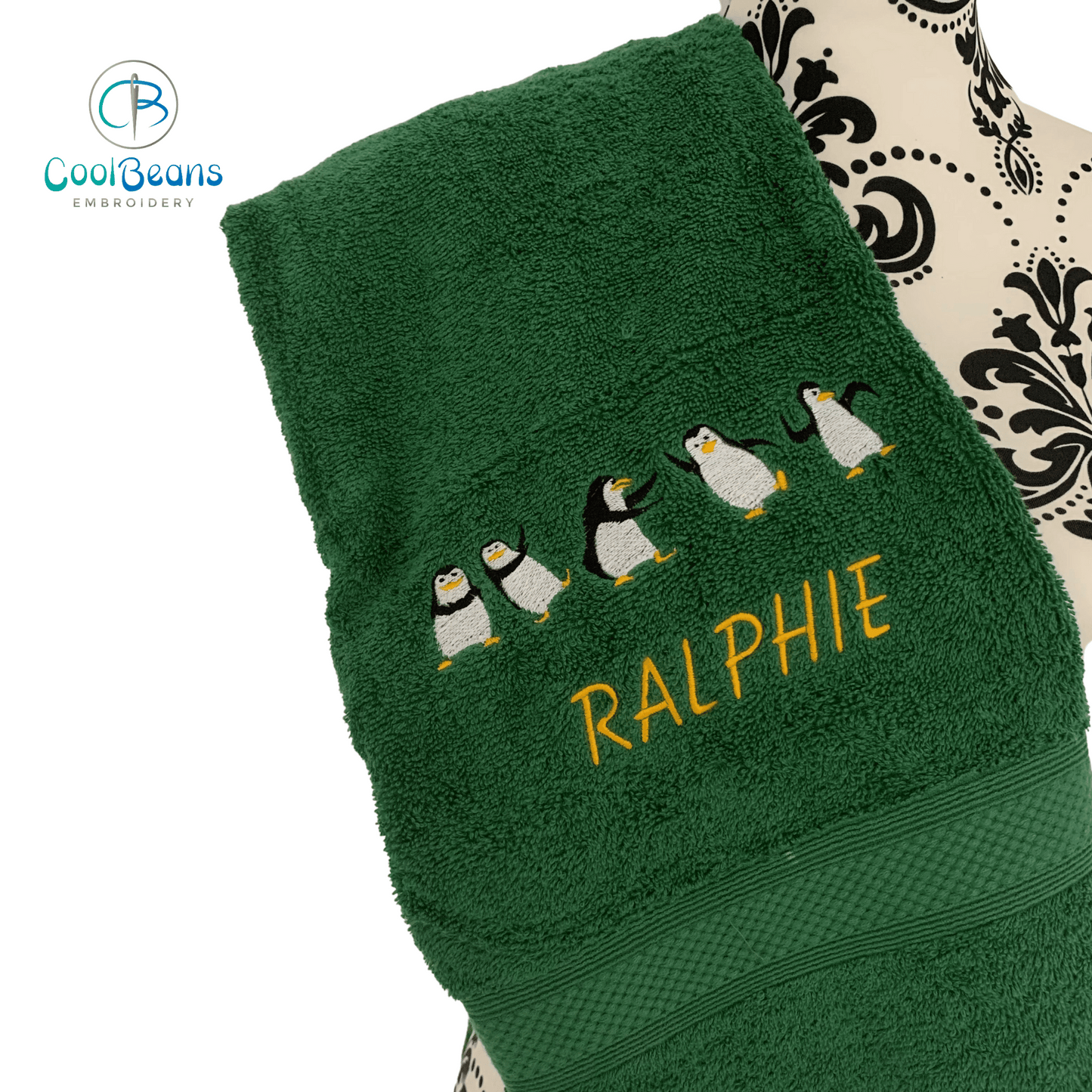 Dancing Penguins Embroidered Personalised Towel - Bottle Gteen