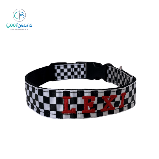 Dog Collar - Checkered Flag - Handcrafted - Personalised - 25mm