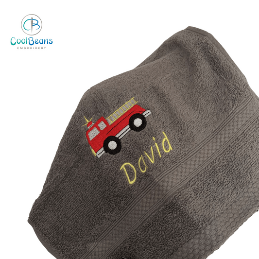 Fire Engine Truck Embroidered Personalised Face Cloth Towel - Charcoal Grey