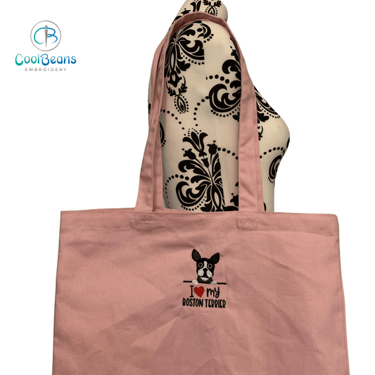 I Heart My Boston Terrier Embroidered Personalised Tote Shopper Bag - Light Pink