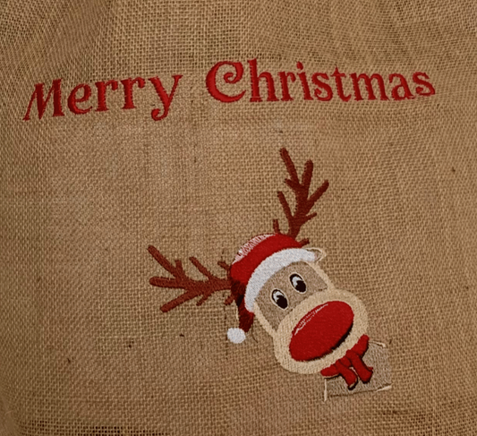 Christmas Jute Gift Bag - Reindeer - Personalised - Cool Beans Embroidery & Personalisation