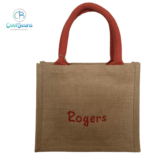Jute Bag Embroidered Personalised Name - Red Handle