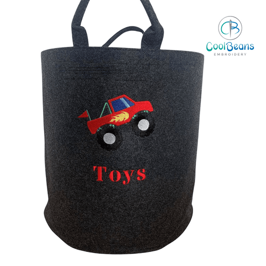 Monster Truck Felt Trug - Toy Storage Tub - Personalised - Cool Beans Embroidery & Personalisation