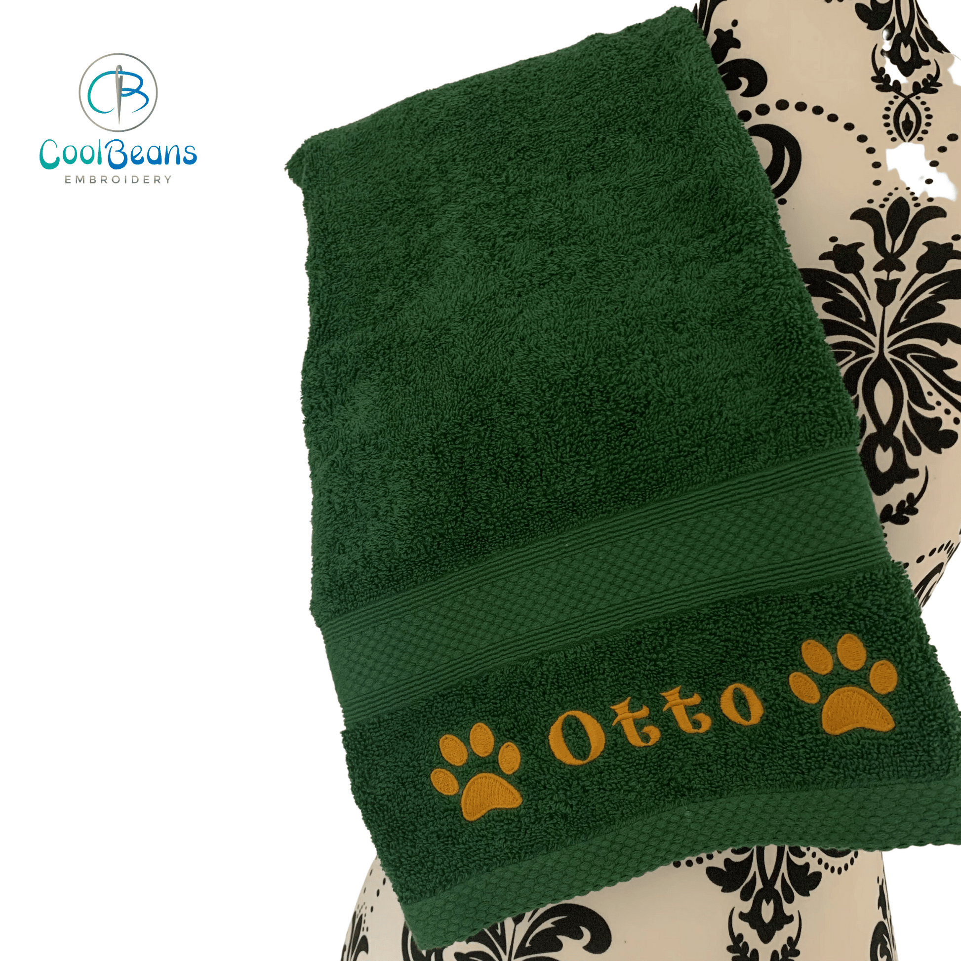 Dog Towels - Paws Side - Personalised - Font B - Bottle Green