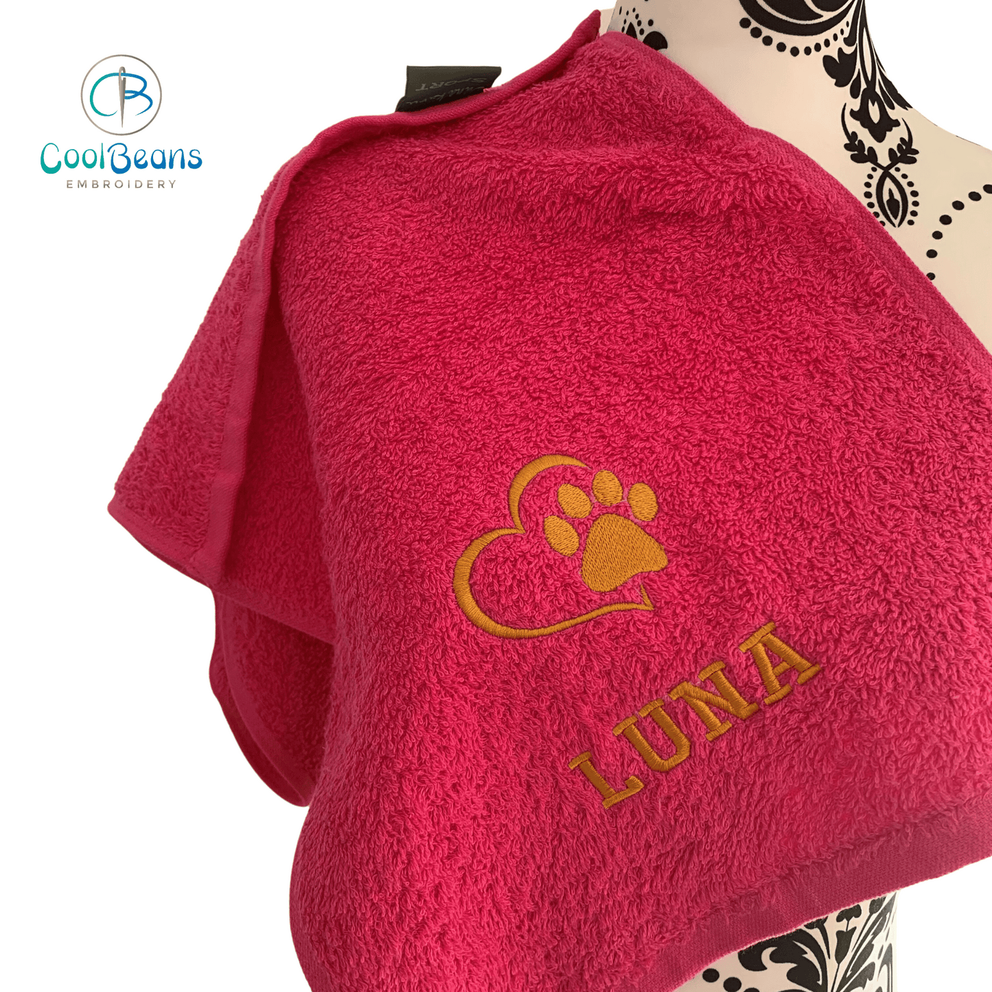 Paw in Heart Embroidered Personalised Bana Kuru Gym Towel - Hot Pink