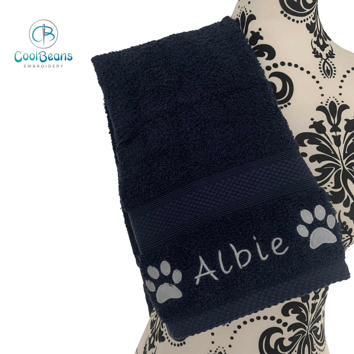 Paws Embroidered Personalised Towel - Navy