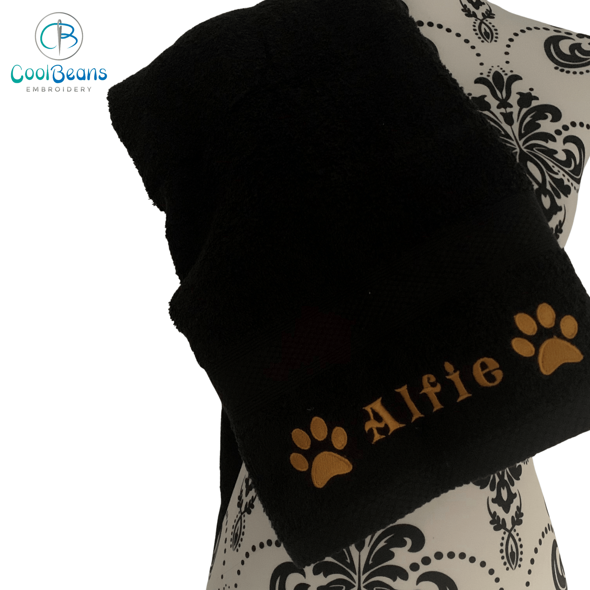 Paws Side Embroidered Personalised Towel - Black