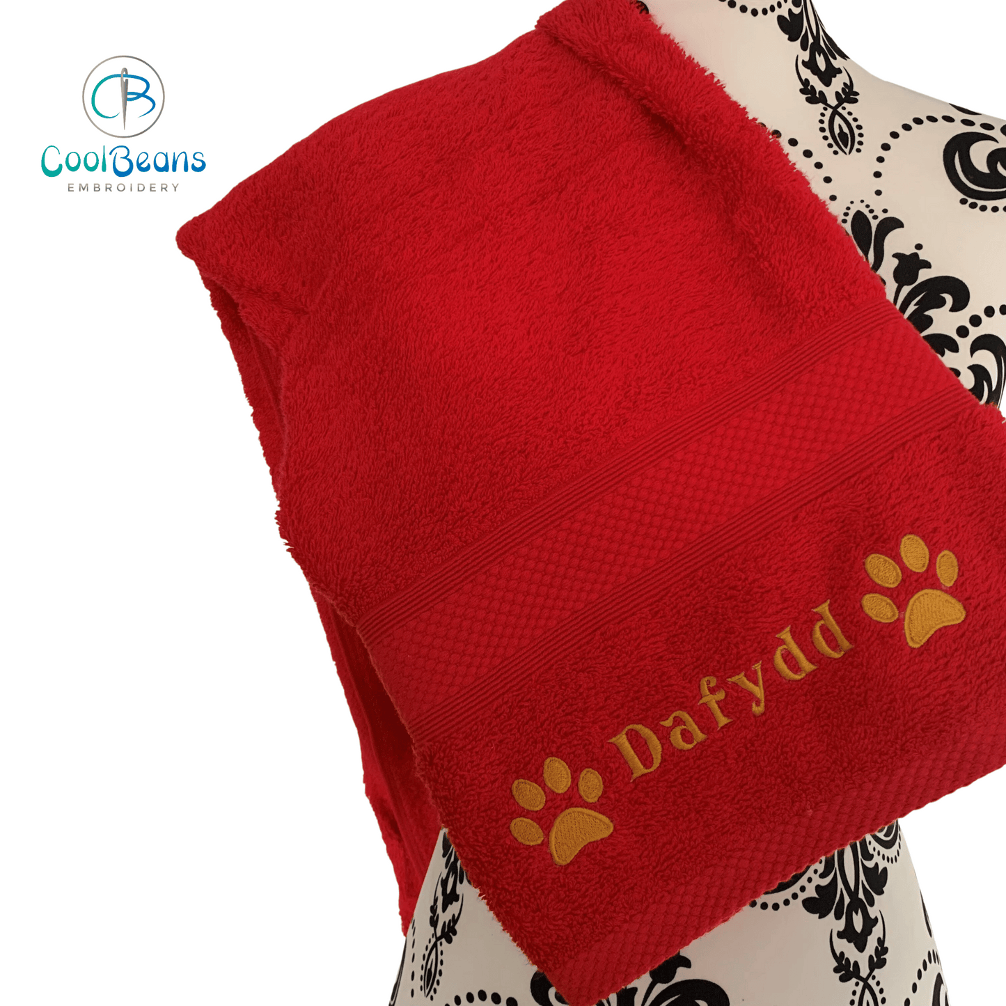 Paws Side Embroidered Personalised Towel - Red