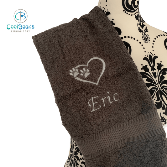 Paws in Heart Embroidered Personalised Towel - Charcoal