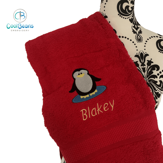 Penguin Embroidered Personalised Towel - Red